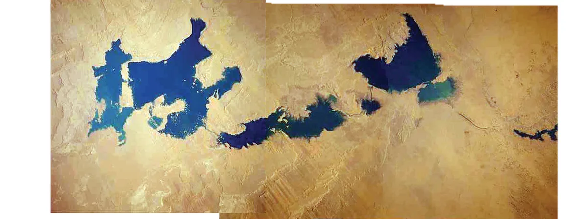 Astronaut-photograph mosaic showing the Toshka Lakes in Egypt in 2002