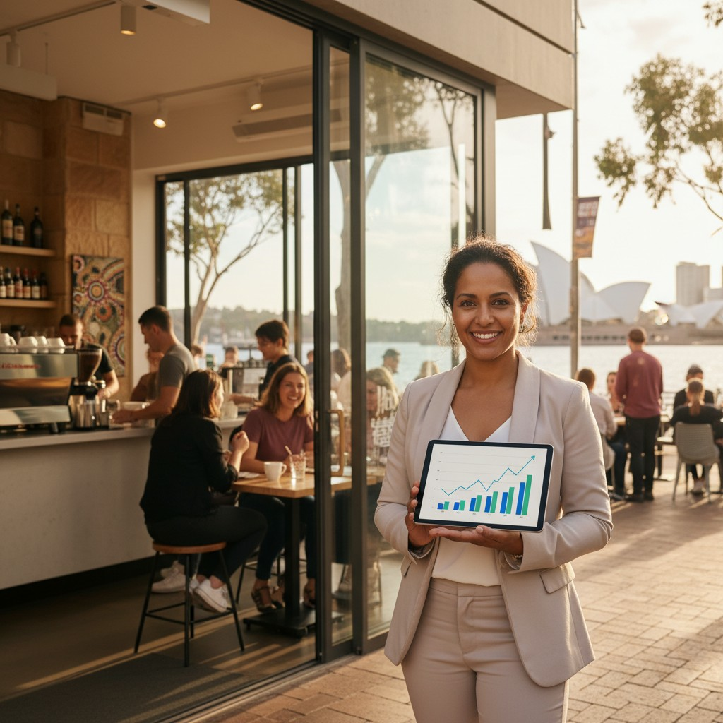 A high-quality, realistic photograph of a modern Australian business owner (diverse, mid-30s) standing confidently in front of a bustling, sunlit cafe in a trendy Sydney suburb, looking at a tablet displaying graphs. The background subtly features iconic Australian architecture or natural elements like sandstone. Focus on natural lighting and an authentic, optimistic atmosphere. No text on the image.