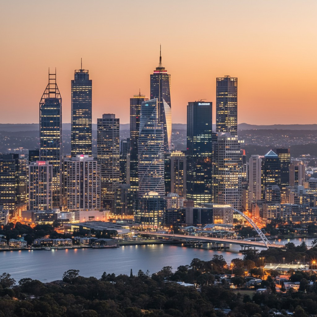A realistic, high-quality photograph of a bustling, modern Australian city skyline at dusk, with prominent, illuminated skyscrapers. The focus is on the dynamic urban landscape, conveying economic activity, innovation, and global connectivity. The sky shows warm, gradient colours of the setting sun. No people, cars, or text are visible, emphasizing architectural grandeur and a sense of potential and opportunity in a natural Australian setting.