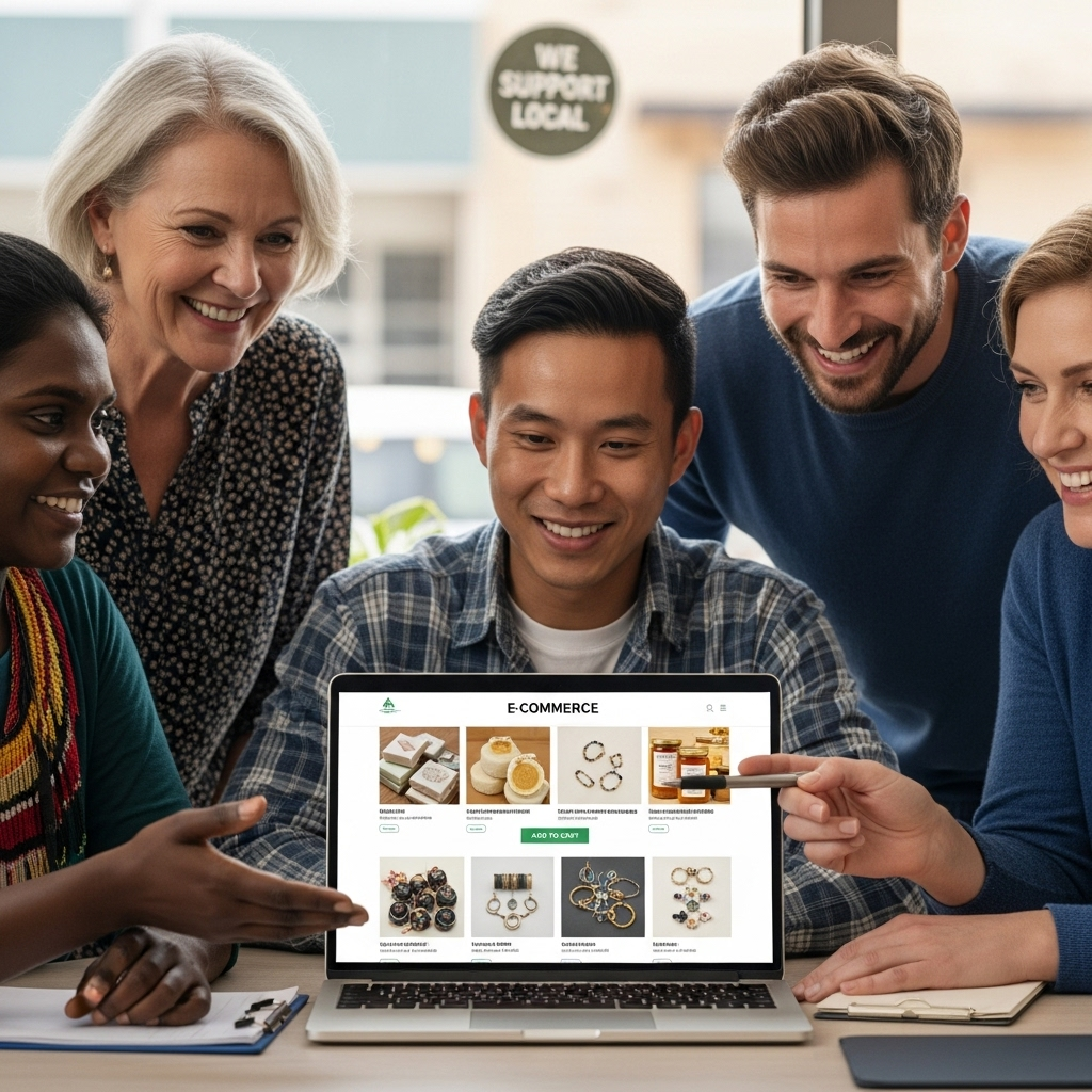 A high-quality, realistic photograph showing a diverse group of Australian small business owners smiling confidently while looking at a laptop displaying a modern, user-friendly e-commerce website. The background subtly suggests an Australian urban or suburban setting, perhaps with a cafe or local shop. Focus on professionalism, success, and digital integration. No text.