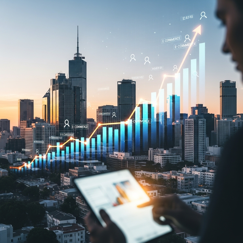 A realistic, high-quality photograph of a bustling, modern Australian city skyline at dawn, with a prominent, abstract digital overlay of upward-trending graphs and search result snippets shimmering over the buildings, symbolizing increased online visibility and growth for e-commerce. The foreground subtly features a person looking at a tablet or laptop, clearly engaging with online content, indicating targeted traffic and conversions. The image should convey professionalism and opportunity, with soft, inviting lighting. No text overlays.