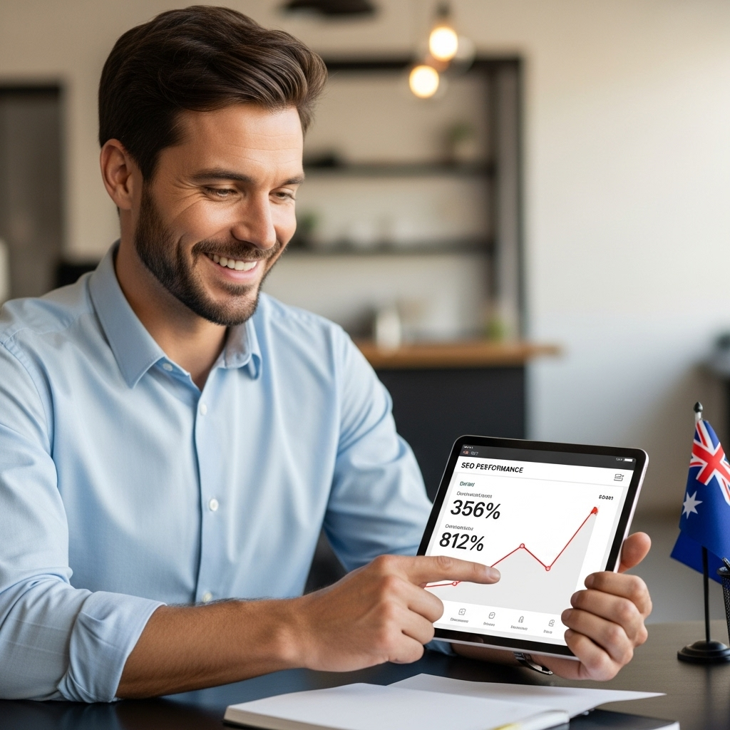 A realistic, high-quality photograph of a small business owner (Australian ethnicity) smiling confidently while looking at a tablet displaying simplified SEO performance metrics with an upward trend, a small Australian flag visible in the background or on a desk item. The setting is a modern, uncluttered office or cafe. The image should convey effectiveness and ease, implying successful, budget-friendly digital growth. Avoid any text on the screen or in the image itself.