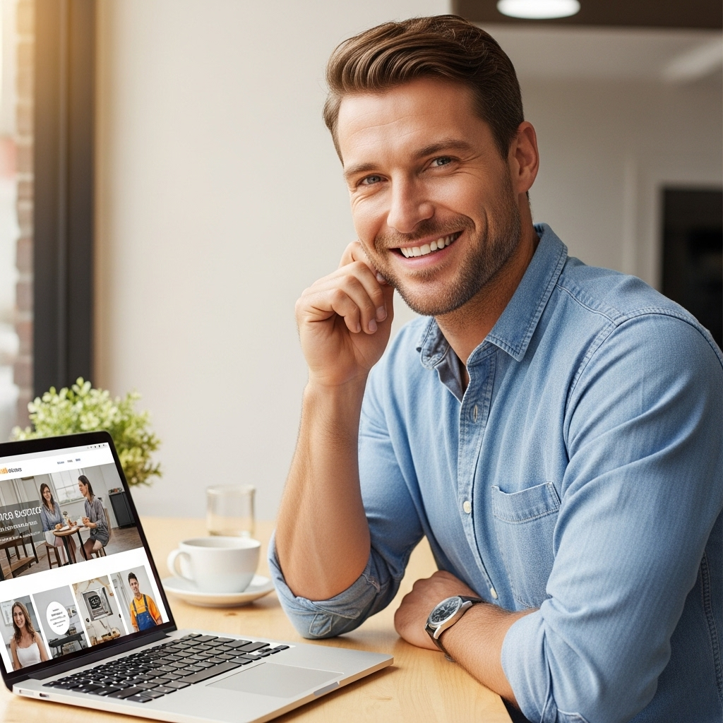A realistic, high-quality photograph of a smiling Australian small business owner (e.g., a café owner, a boutique shop owner, or a tradie) looking confidently at a laptop or tablet displaying a professional, modern website. The setting should clearly evoke an Australian small business environment, perhaps with natural light, a coffee cup, or a subtle Australian backdrop. The image should convey success and ease of use.