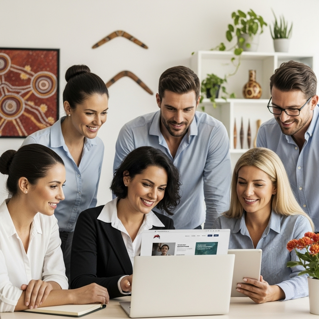 A realistic, high-quality photograph of a diverse group of Australian small business owners, looking confident and engaged, gathered around a modern laptop or tablet, collaboratively viewing a beautifully designed, professional website. The setting is a bright, contemporary office or co-working space, with subtle Australian decor elements in the background. Emphasize professionalism, collaboration, and success resulting from a strong online presence.