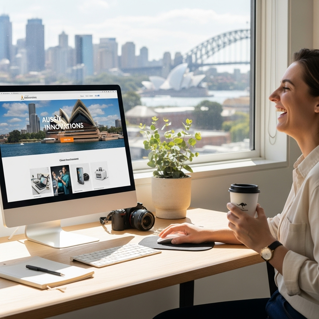 A high-quality realistic photograph illustrating a thriving small business in Australia, with a sleek, modern computer monitor displaying a perfectly functioning, fast-loading WordPress website. The scene should convey success and growth, perhaps with a subtle Australian element in the background, like a cityscape or natural light. Focus on professionalism and digital prosperity.