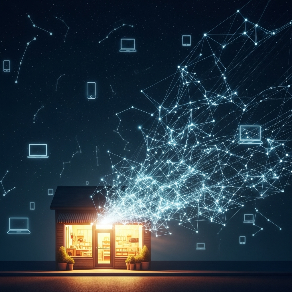 A realistic, high-quality photograph depicting a small storefront (e.g., a bakery or local boutique) with a glowing, ethereal network of lines and dots extending from it, symbolizing its reach across geographical boundaries to a diverse global audience on various devices (laptops, tablets, smartphones) represented as subtle, glowing outlines in the background, all under a starry, expansive digital sky.