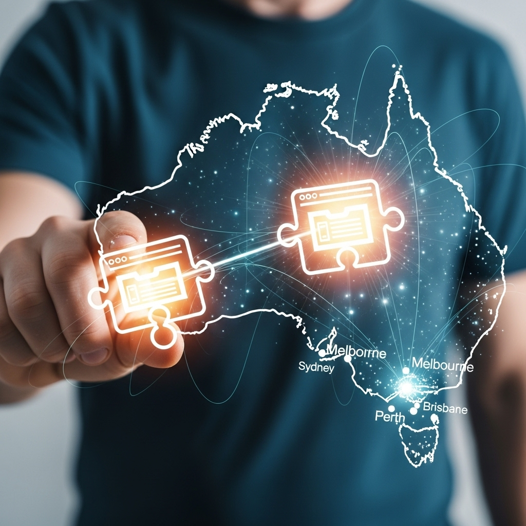 A person's hand, seen from a high angle, symbolically connecting two stylized, glowing digital 'blocks' or 'puzzle pieces' representing websites. The background is a subtly blurred map outline of Australia, with faint digital network lines radiating from key cities. The focus is on the action of 'linking' and the 'digital' nature, set within an Australian context, realistic photograph, high quality, natural lighting.