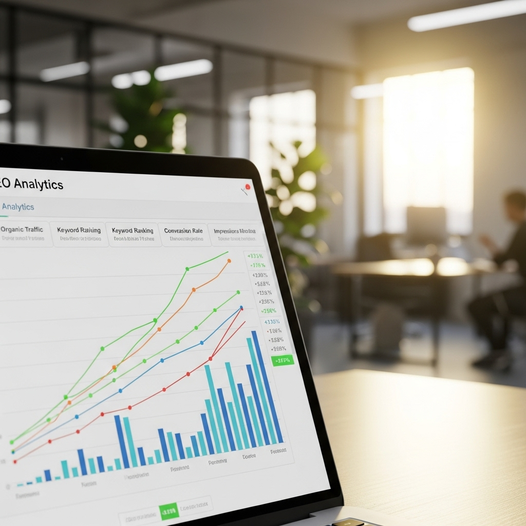 A close-up, realistic photograph of a professional laptop screen displaying an upward-trending SEO analytics graph, with a blurred background of a modern, bright office space. The focus is on digital growth and successful online visibility.