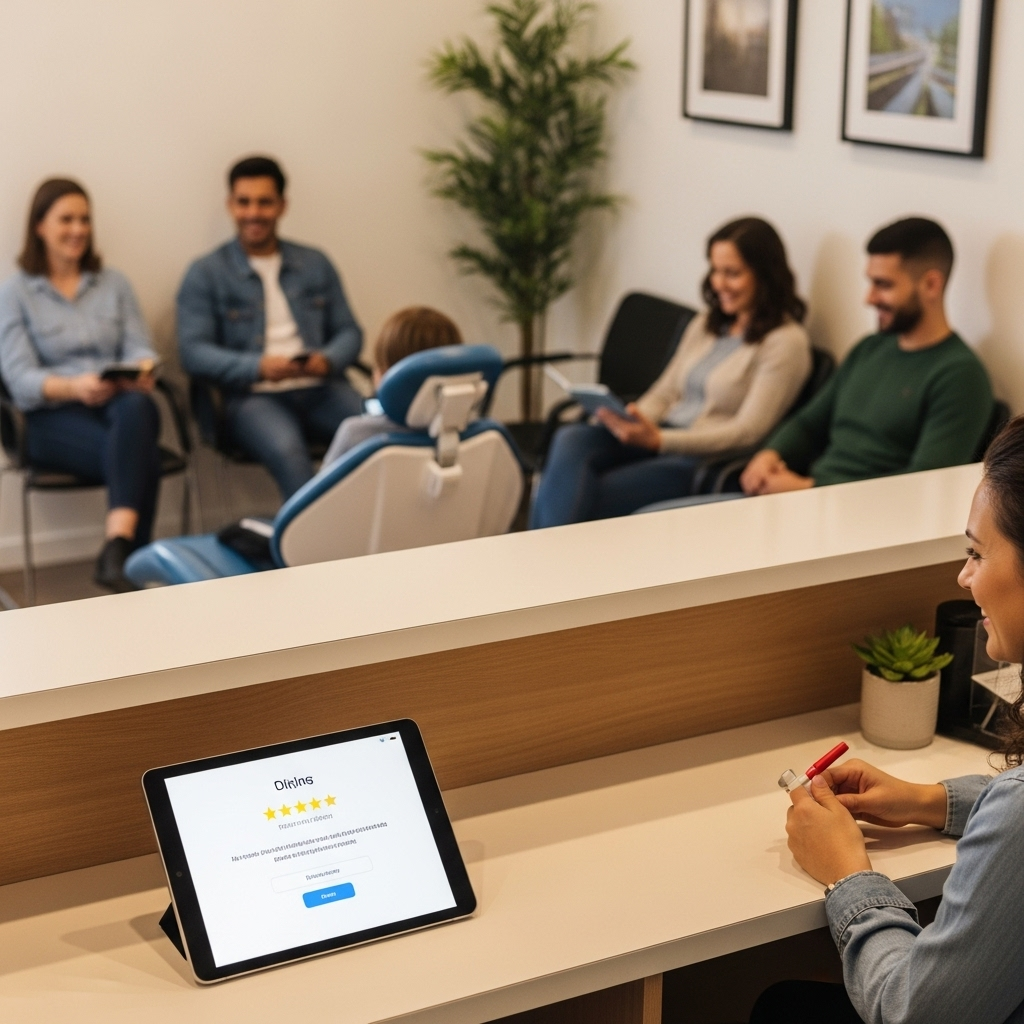 A realistic, high-quality photograph showing a modern, inviting dental reception area in Australia. The reception desk has a subtle tablet displaying a positive online review or a digital booking system. In the background, a few diverse, smiling patients (adults and children) are comfortably waiting, perhaps engaging with digital devices or reading. The lighting is warm and natural, suggesting a welcoming and efficient practice. No text or transparent background.