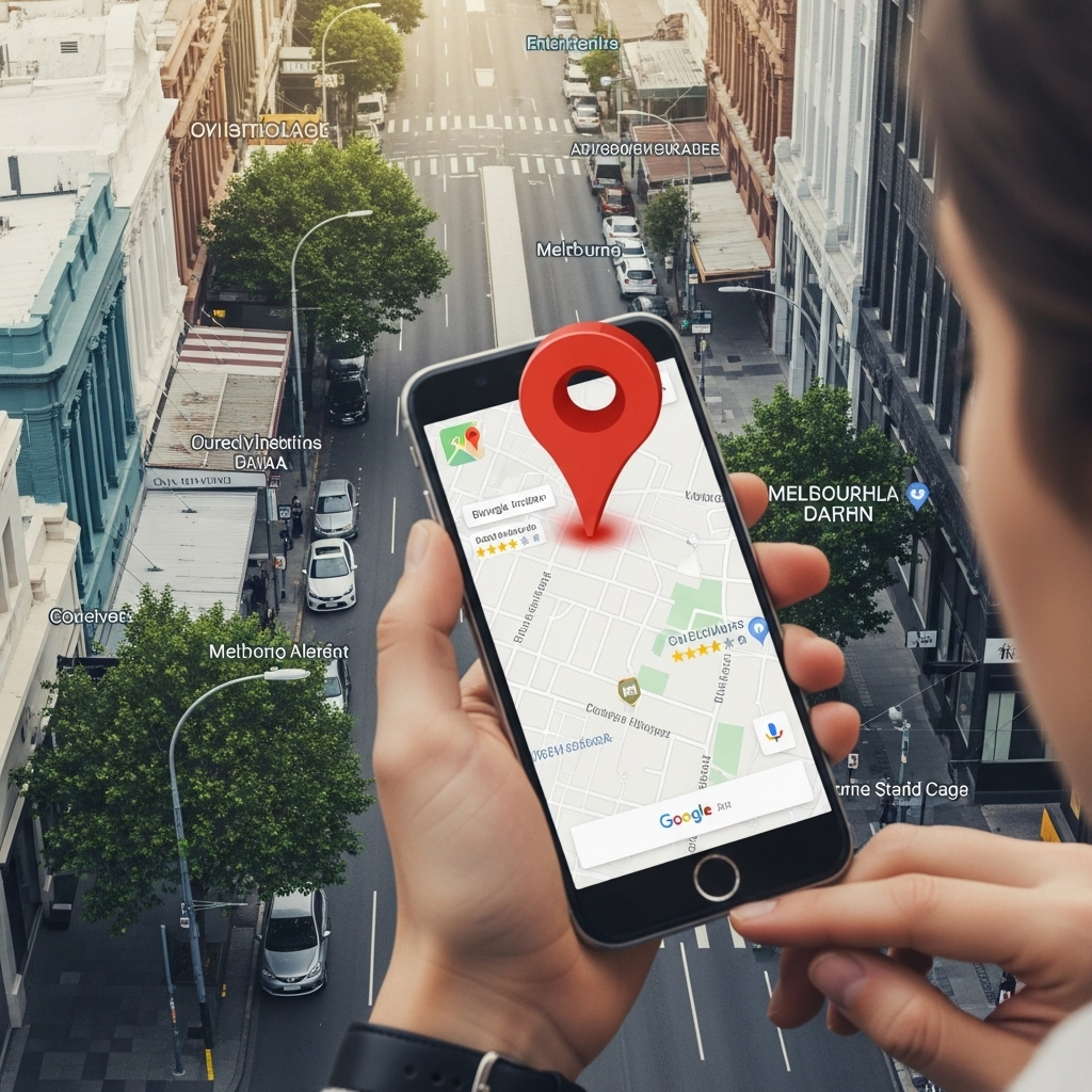 A high-angle, realistic photograph of a person using a smartphone to navigate Google Maps, with a vibrant red location pin centered on a map showing a busy Australian city street (e.g., Melbourne or Sydney) with small businesses visible. The person's hand holds the phone, and the map clearly displays business names and ratings, suggesting successful local SEO. Focus on crisp details and natural lighting. No text overlays.
