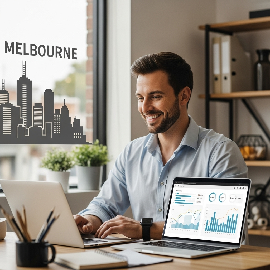 Realistic high-quality photograph of a small business owner in a modern, well-lit office or retail space in Melbourne, smiling confidently while looking at a laptop or tablet displaying graphs and analytics that suggest successful online marketing. Subtle elements suggesting 'Melbourne' in the background, like a simplified city skyline through a window, or local decor. Emphasize professionalism, growth, and digital success. No text on the image.