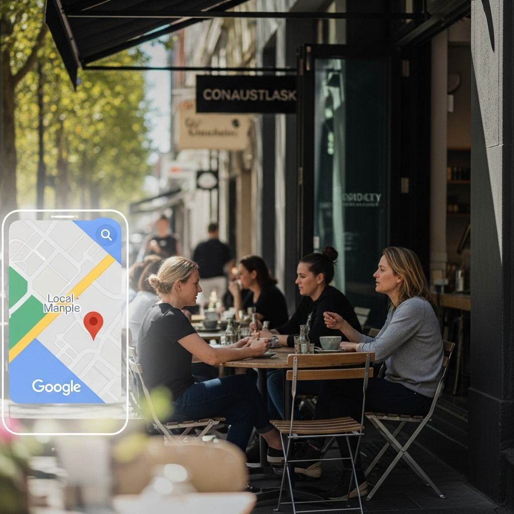 A realistic, high-quality photograph of a bustling local cafe with outdoor seating in a sunny Australian city, like Melbourne or Sydney. Patrons are enjoying coffee and conversation, with a subtle, blurred overlay or graphic element of a glowing Google Maps interface on a smartphone screen in the foreground, indicating successful local search. Focus on natural light, vibrant Australian urban lifestyle, and a sense of community. No text on the image.