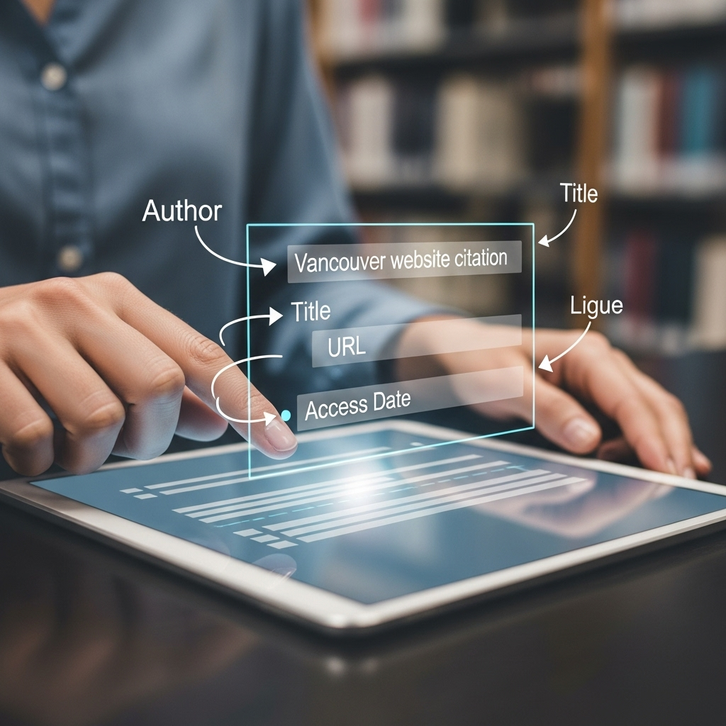A close-up, high-quality photograph of a researcher's hands interacting with a tablet, with a stylized overlay or graphical elements pointing to different parts of an on-screen website citation (e.g., 'Author', 'Title', 'URL', 'Access Date') to visually deconstruct a Vancouver style website citation. The background is a subtly blurred academic library setting, emphasizing focus on the digital screen.