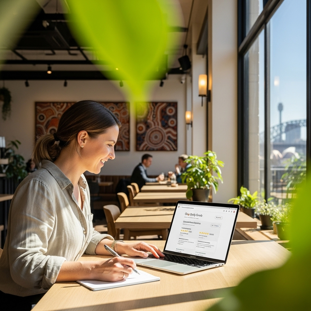 A confident Australian small business owner, a woman in her 30s, is smiling while reviewing her optimised Google Business Profile on a laptop. The background shows a bright, modern cafe interior with iconic Australian architectural elements or subtle city views of Sydney, bathed in natural sunlight.
