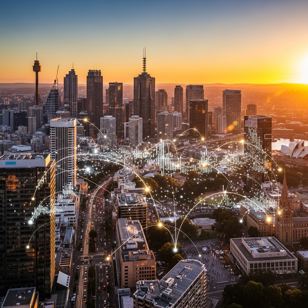 A high-angle, realistic photograph of a thriving urban Australian cityscape (e.g., Sydney or Melbourne) at sunset, with visible digital data streams subtly overlaid, connecting various buildings and landmarks. The focus is on digital growth and connectivity within a modern Australian business environment. Emphasize warm, golden hour lighting and a sense of bustling activity.