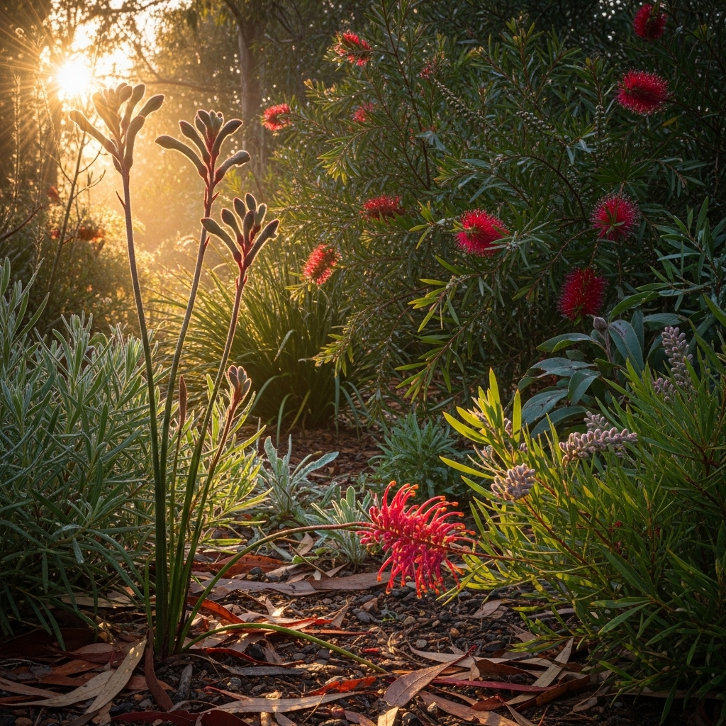 A vibrant, healthy Australian native garden at sunrise, with dew drops on leaves and a warm, golden light filtering through the foliage, symbolizing new beginnings and strong growth. Focus on natural textures and a sense of potential. Realistic, high-quality photograph, no text.