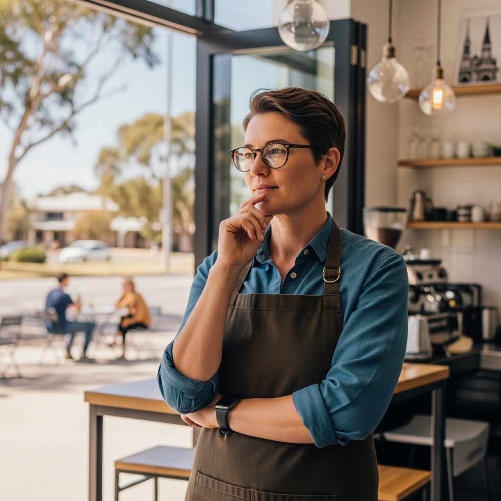 Realistic high-quality photograph of a successful small business owner (e.g., a barista, a local artisan, or a tech entrepreneur) looking confident and thoughtful, standing in front of their modern, well-designed Australian cafe or workshop, with subtle elements of Australian lifestyle or landscape visible in the background, like distant gum trees or a sunny, relaxed urban street scene. The lighting should be natural and warm, conveying optimism and opportunity.