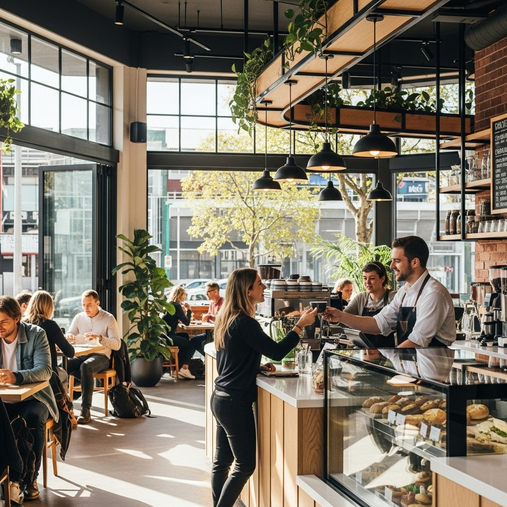 A vibrant, sun-drenched photograph of a bustling, modern café in a lively Australian city, with diverse customers enjoying coffee and food, and a friendly barista interacting with a customer. Focus on natural light, a relaxed Australian lifestyle, and the energy of a successful local business.