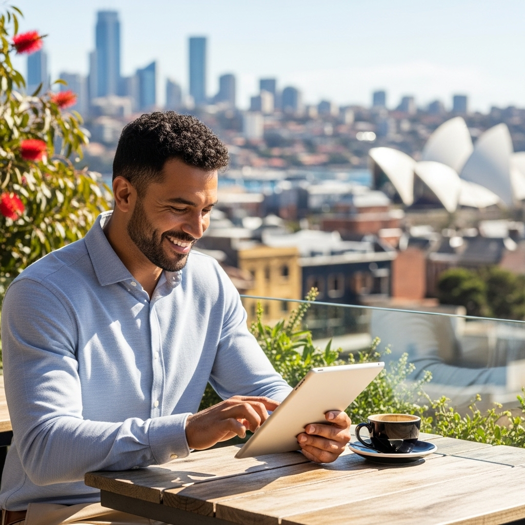 A high-quality, realistic photograph showing a successful small business owner (diverse ethnicity, 30s-40s) happily reviewing data on a tablet while sitting at a rustic outdoor cafe table overlooking a vibrant, bustling Australian cityscape or a sunny coastal scene. Emphasize natural light, genuine expression of achievement, and subtle elements of Australian lifestyle (e.g., native flora in the background, specific architecture, or a distinctive coffee cup). The image should convey growth and smart business management. Avoid any visible brand logos or text.