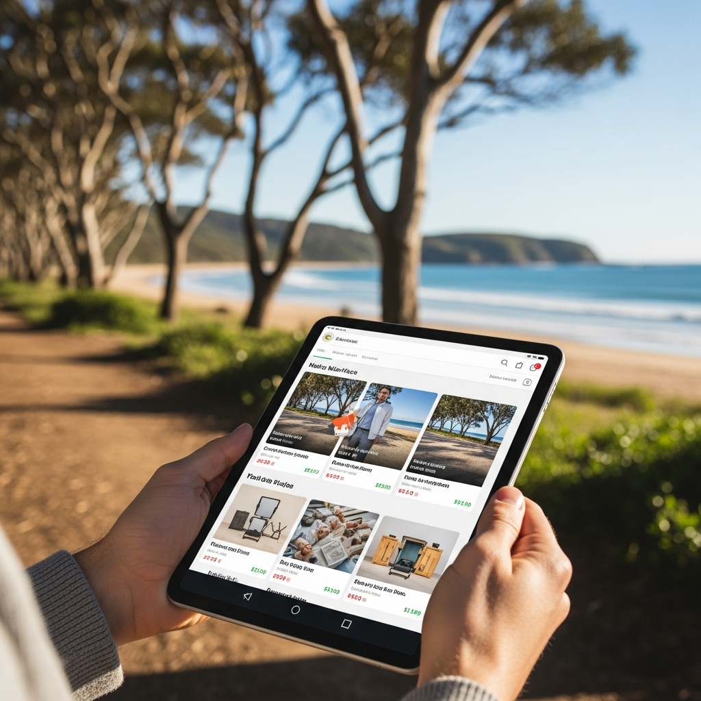 A person holding a modern tablet displaying a brightly lit, user-friendly digital marketplace interface, with blurred but distinctly Australian natural scenery in the background – perhaps a coastal view with gum trees or a vast red outback landscape under a clear blue sky. Focus on natural lighting and high-quality realism. No text on screen or in image.