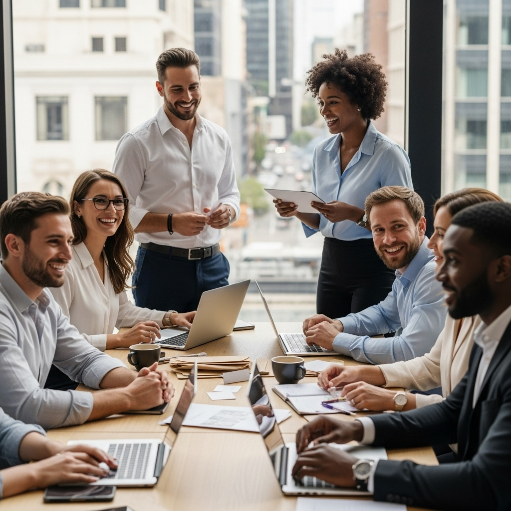 A realistic, high-quality photograph of a diverse group of Australian small business owners, from various sectors like digital marketing, food, and craft, networking and exchanging ideas at a modern, light-filled co-working space in an bustling Australian city. They are smiling and engaged, with laptops, coffee, and business cards on the tables. The background subtly shows city life. No text.