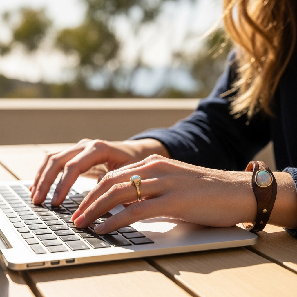 A close-up, high-quality, realistic photograph of a stylish woman's hands typing on a laptop keyboard, featuring a unique, locally designed Australian fashion accessory (e.g., a leather bracelet or a ring with an opal) subtly visible on her wrist. The background is a soft-focus outdoor setting, perhaps a sun-dappled Australian bushland or a modern cafe terrace overlooking a coastal view, conveying a sense of authentic Australian lifestyle. Natural lighting, shallow depth of field, focusing on the hands and accessory.