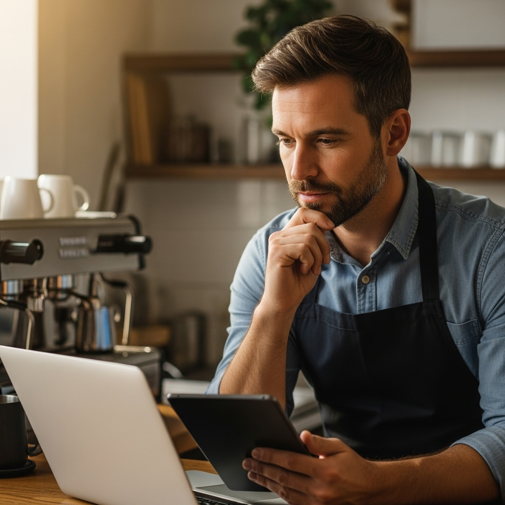 A high-quality, realistic photograph showing an Australian small business owner, perhaps a barista in a modern cafe or a craftsman in a workshop, looking thoughtfully at a laptop or tablet. The background subtly features elements of Australian daily life or natural light, suggesting connection to the local market. Emphasize a sense of thoughtful planning and digital connection, with warm, natural lighting. No text or logos.