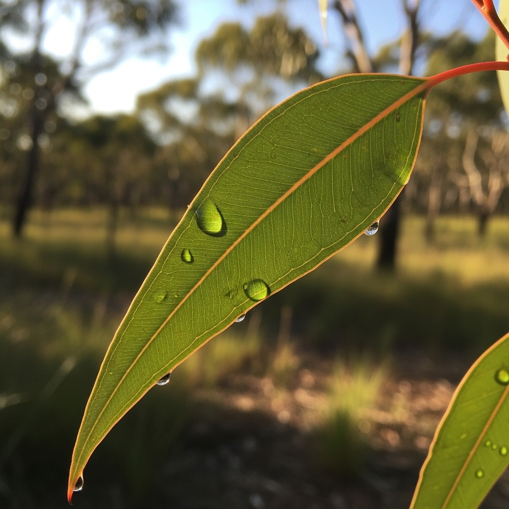 A high-quality, realistic photograph capturing the serene beauty of a sage green gum leaf, gently swaying in the Australian sunlight, with a soft-focus backdrop of a blurred, natural Australian bushland landscape, evoking calm and natural aesthetic. No text.
