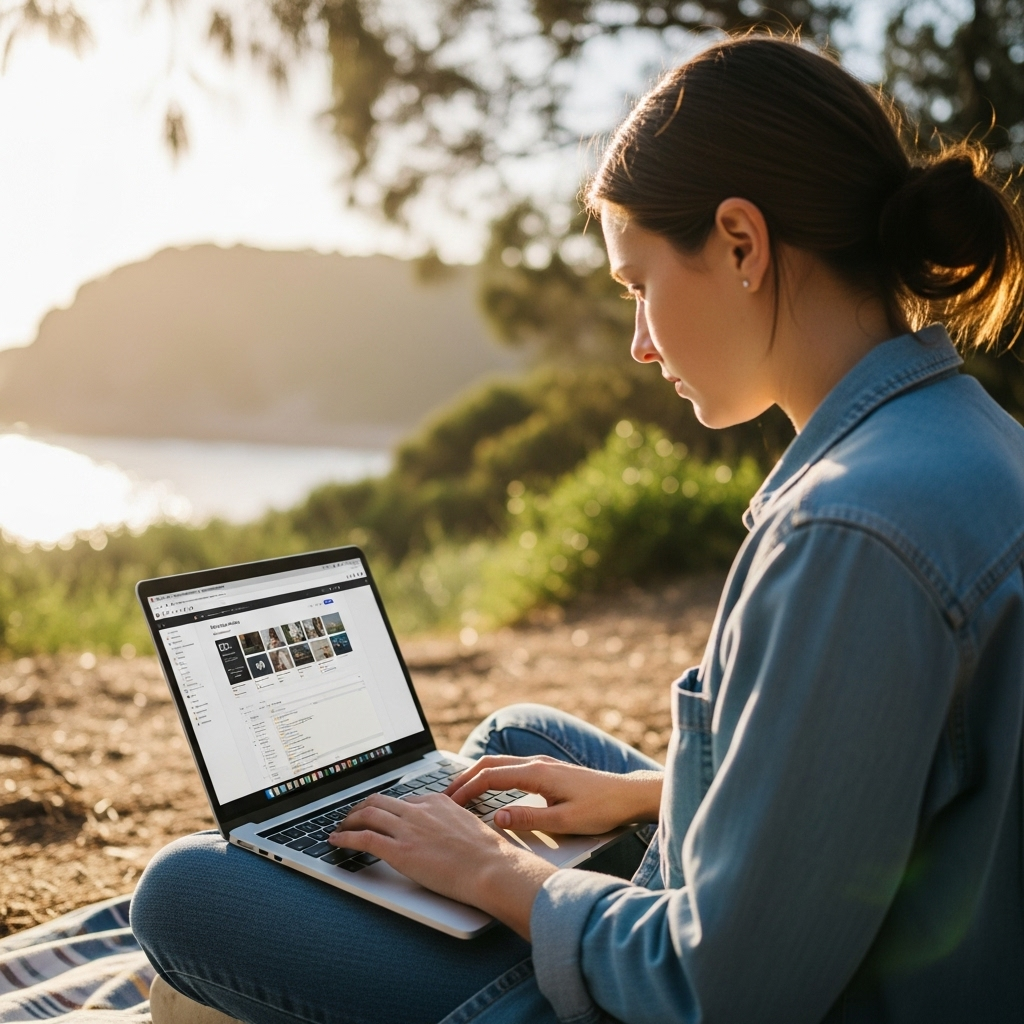 A young Australian content creator, perhaps a travel vlogger or online educator, focused intently on a laptop screen while sitting comfortably on a picnic blanket by a tranquil Australian beach or a serene bushland setting. The laptop displays a website building interface. Natural lighting, warm Australian sun, focus on the individual and their digital work amidst the iconic landscape. Realistic, high-quality photograph, no text.