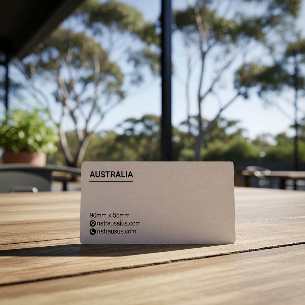 A realistic, high-quality photograph of a standard Australian business card (90mm x 55mm) placed on a rustic wooden table at an outdoor cafe, with a slightly blurred background featuring iconic Australian eucalyptus trees and a bright, sunny sky. The card should be well-lit, showcasing its texture and printed details clearly, suggesting a professional yet relaxed Australian business setting. Avoid any text on the image.