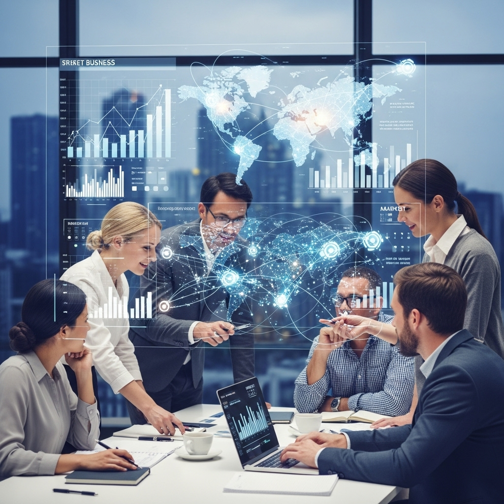 Realistic, high-quality photograph of diverse small business owners collaborating and strategizing around a large digital projection showing growth charts and interconnected global markets, conveying the concept of scaling a business internationally and adapting to new opportunities.