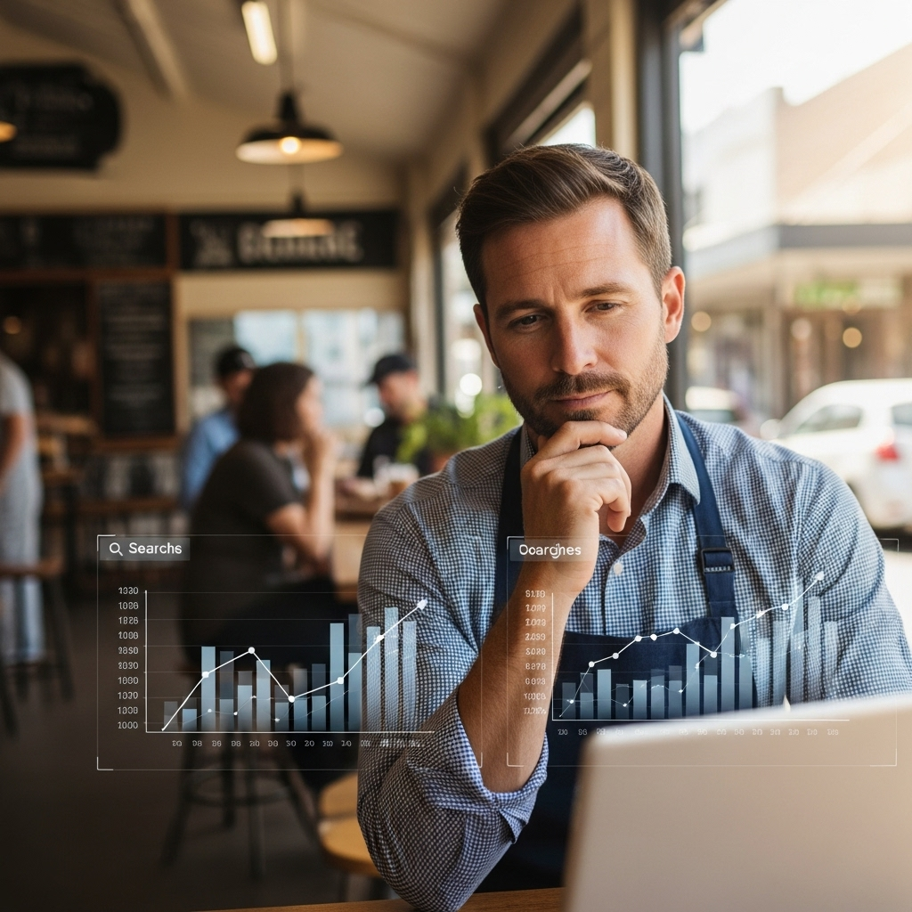A high-quality, realistic photograph of a small business owner (e.g., a cafe owner, local artisan, or trade professional) in an authentic Australian setting (e.g., a bustling local market, a workshop with natural light, a coastal town main street). The owner is looking thoughtfully at a tablet or laptop, with digital graphs or search engine results subtly visible on the screen, illustrating the impact of online marketing on their business, capturing a sense of growth and connection to their local community. Focus on natural lighting and a warm, inviting atmosphere.