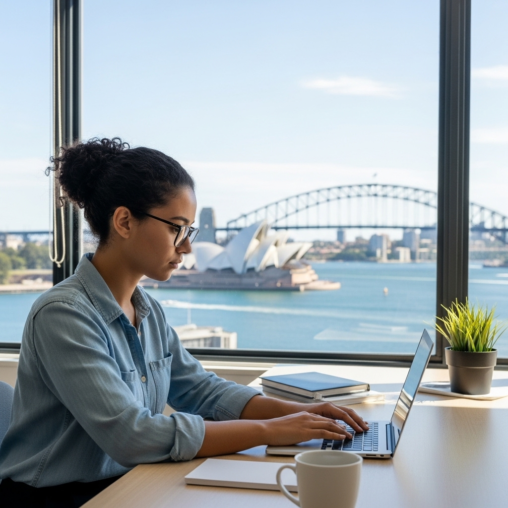A high-quality, realistic photograph of a young, diverse Australian professional working intently on a laptop at a modern, open-plan desk. In the background, a large window offers a scenic view of Sydney Harbour with the Opera House and Harbour Bridge clearly visible. Natural, bright daylight illuminates the scene, emphasizing a productive and successful Australian lifestyle. No text on the image.