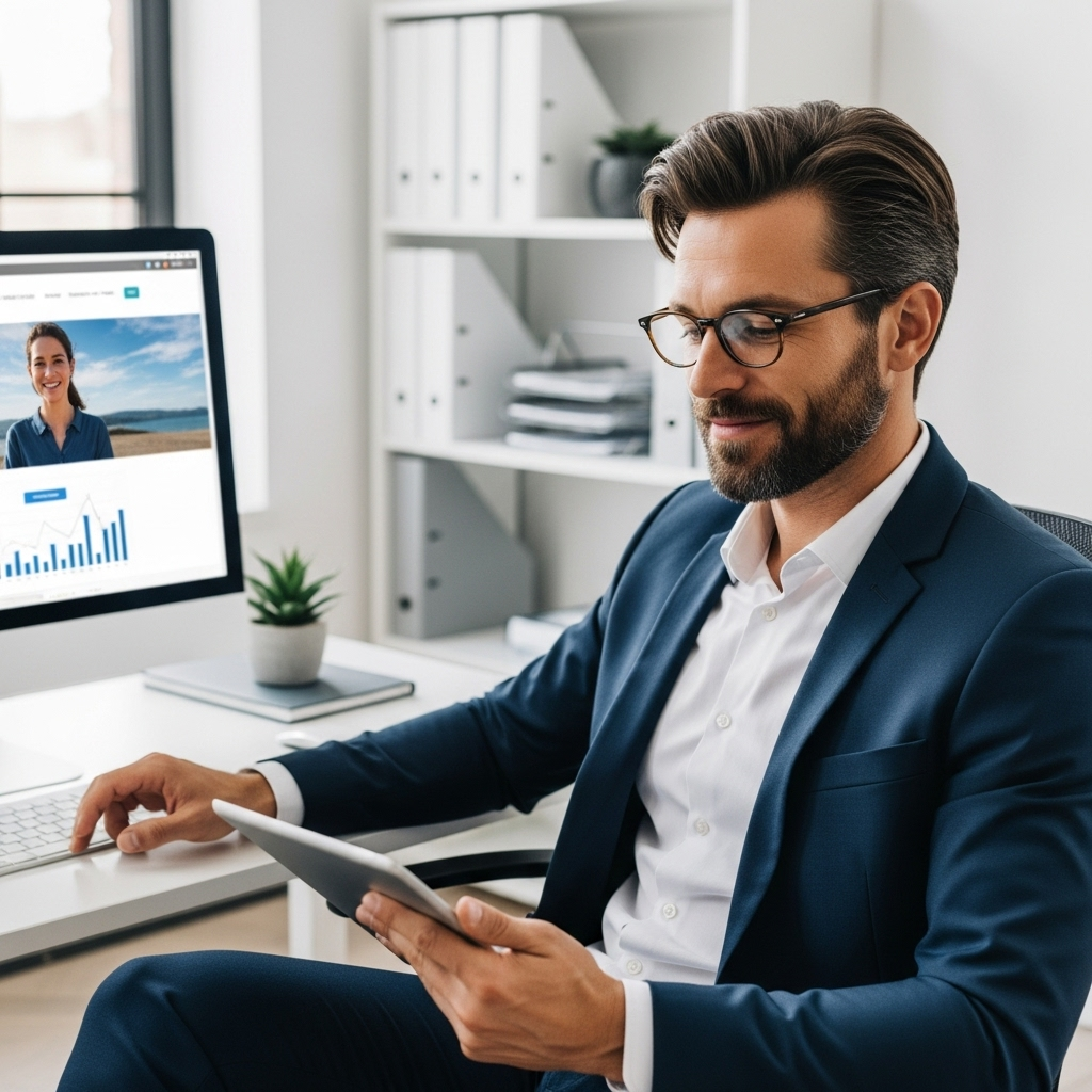 A high-quality, realistic photograph showing a modern Australian business owner looking relaxed and confident, perhaps reviewing analytics on a tablet, with a well-maintained, fast-loading website visible on a desktop in the background. The office environment is bright, organized, and reflects a sense of calm and efficiency, subtly hinting at the peace of mind derived from reliable website maintenance. Focus on natural lighting and a professional, approachable aesthetic.