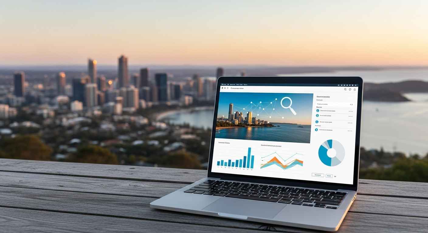 A realistic, high-quality photograph illustrating growth and digital connection in an Australian setting. Picture a modern laptop open on a rustic wooden table overlooking a panoramic view of a vibrant Australian city skyline at dusk, or a sun-drenched coastal landscape. The laptop screen displays abstract data visualizations or a stylized search engine results page, subtly conveying digital success, while the natural Australian backdrop emphasizes local relevance and opportunity. No text on the screen or in the image.