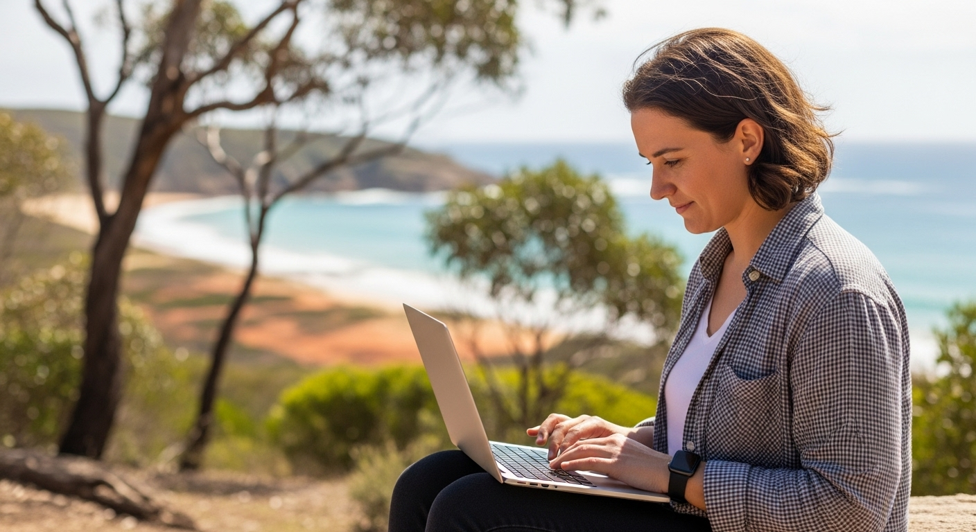 A realistic, high-quality photograph of a young, confident Australian freelance SEO professional working remotely on a laptop, overlooking a quintessential Australian beach or bushland setting. The person is casually dressed, focused on their screen, with natural light illuminating the scene. The background is slightly blurred to emphasize the individual, showcasing the beauty of the Australian environment – perhaps gum trees, red earth, or turquoise ocean in the distance. The mood is calm, productive, and aspirational, reflecting the freedom and success of freelance work in Australia. No text on the image.