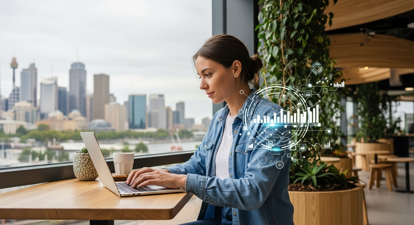 Realistic, high-quality photograph: A focused young Australian entrepreneur working on a sleek laptop at an outdoor cafe overlooking a vibrant city skyline like Sydney or Melbourne, or in a modern, eco-friendly co-working space with natural Australian timber and native plant accents. The person has a determined yet relaxed expression, surrounded by a subtle aura of digital growth and innovation.