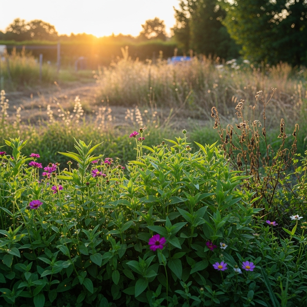 A realistic, high-quality photograph of a thriving, well-maintained website represented as a lush, vibrant garden, with healthy green plants and blooming flowers. In contrast, in the background, a neglected section of the garden appears dry, overgrown with weeds, and wilting, symbolizing a poorly maintained website. The setting sun casts a warm, golden light over the healthy section, highlighting its vitality.