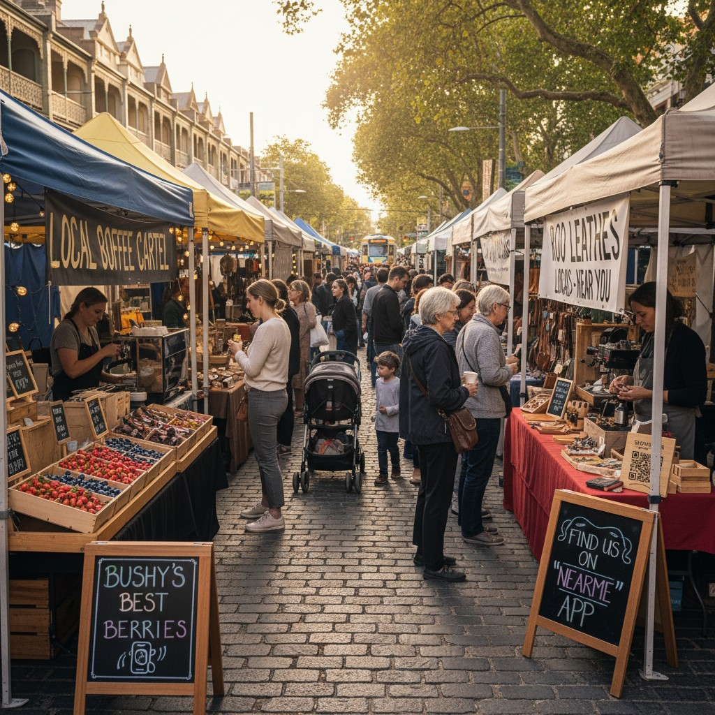 A realistic, high-quality photograph of a bustling Australian local market, perhaps in Sydney or Melbourne, with diverse small business stalls clearly visible. The focus is on the vibrant community interaction, reflecting local commerce and the importance of being found by nearby customers. Natural lighting, warm tones, and a clear sense of Australian lifestyle should be present, without any overlaid text or digital elements.