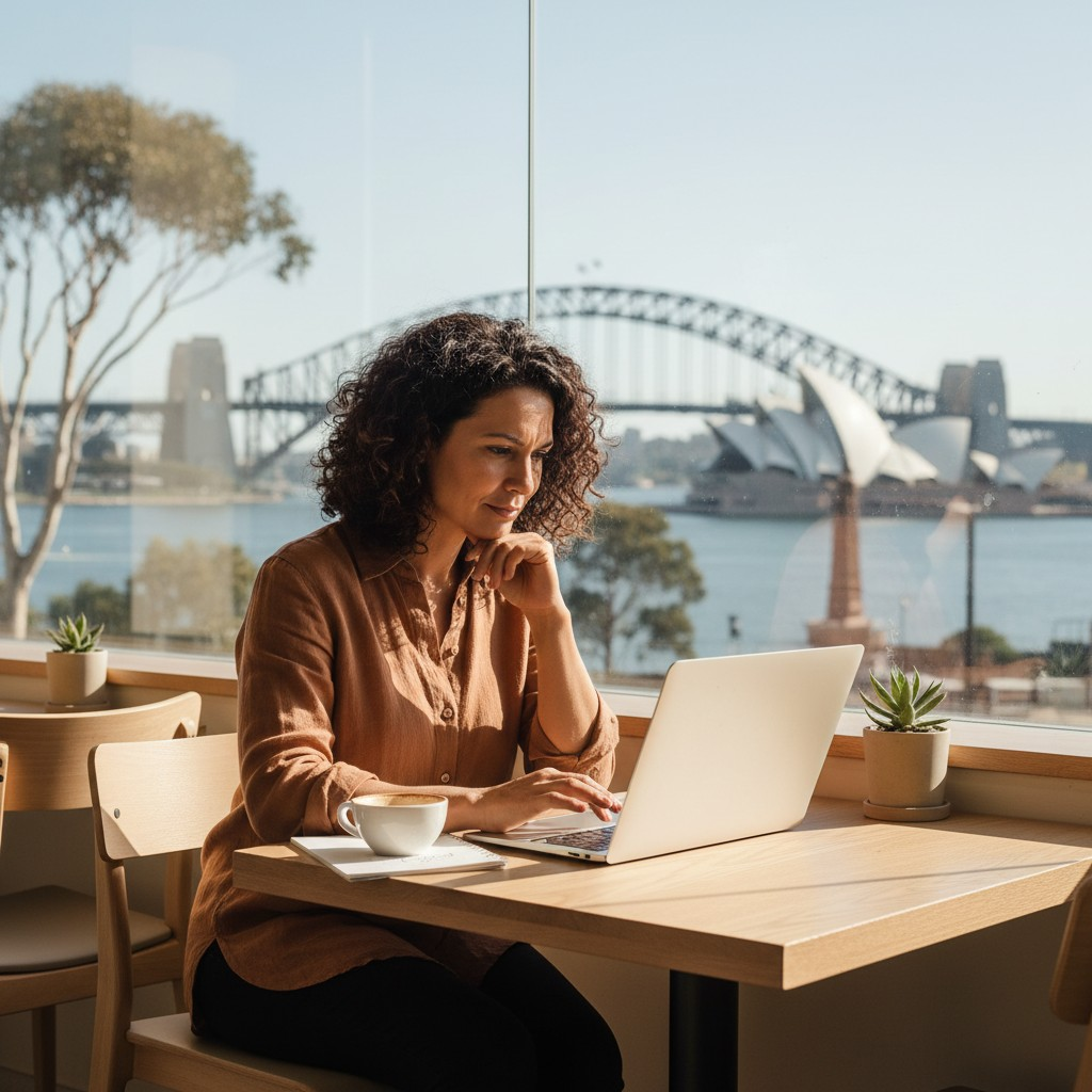 A realistic, high-quality photograph of an Australian small business owner (diverse, perhaps a woman in her 40s) thoughtfully looking at a laptop screen in a bright, modern office or a cafe with a subtle, iconic Australian cityscape or natural background visible through a window (e.g., Sydney Harbour Bridge or gum trees in the distance). The focus is on their engagement with digital work, conveying a sense of strategic thinking about online presence. Natural lighting, warm tones.