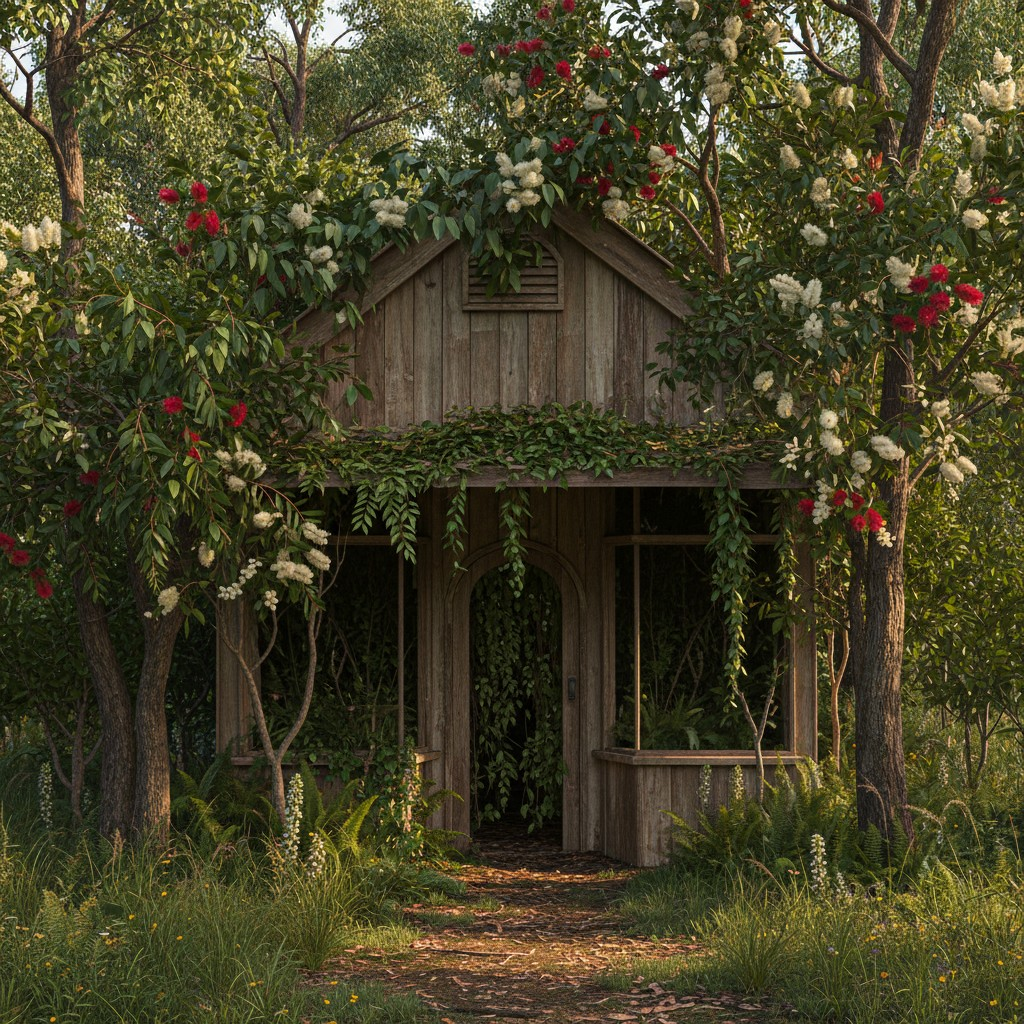 A lone, rustic wooden storefront, subtly blending into the dense, vibrant green foliage of a lush Australian bushland, with dappled sunlight filtering through eucalyptus leaves. The storefront appears almost overlooked, hinting at an 'invisible' online presence. Focus on natural light and unique Australian flora, no people, no text.