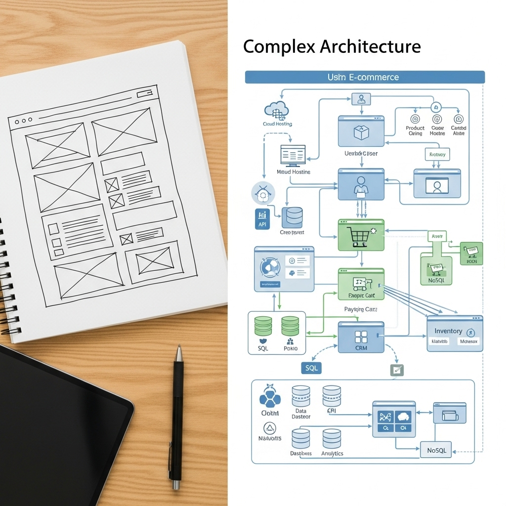 Realistic, high-quality photograph illustrating the concept of varying website complexity. On one side, a simple, clean, single-page website wireframe or sketch; on the other, a complex e-commerce site architecture diagram with multiple integrations, databases, and user flows. The image should convey a clear contrast in scope and features, with professional graphic elements. No text overlay.