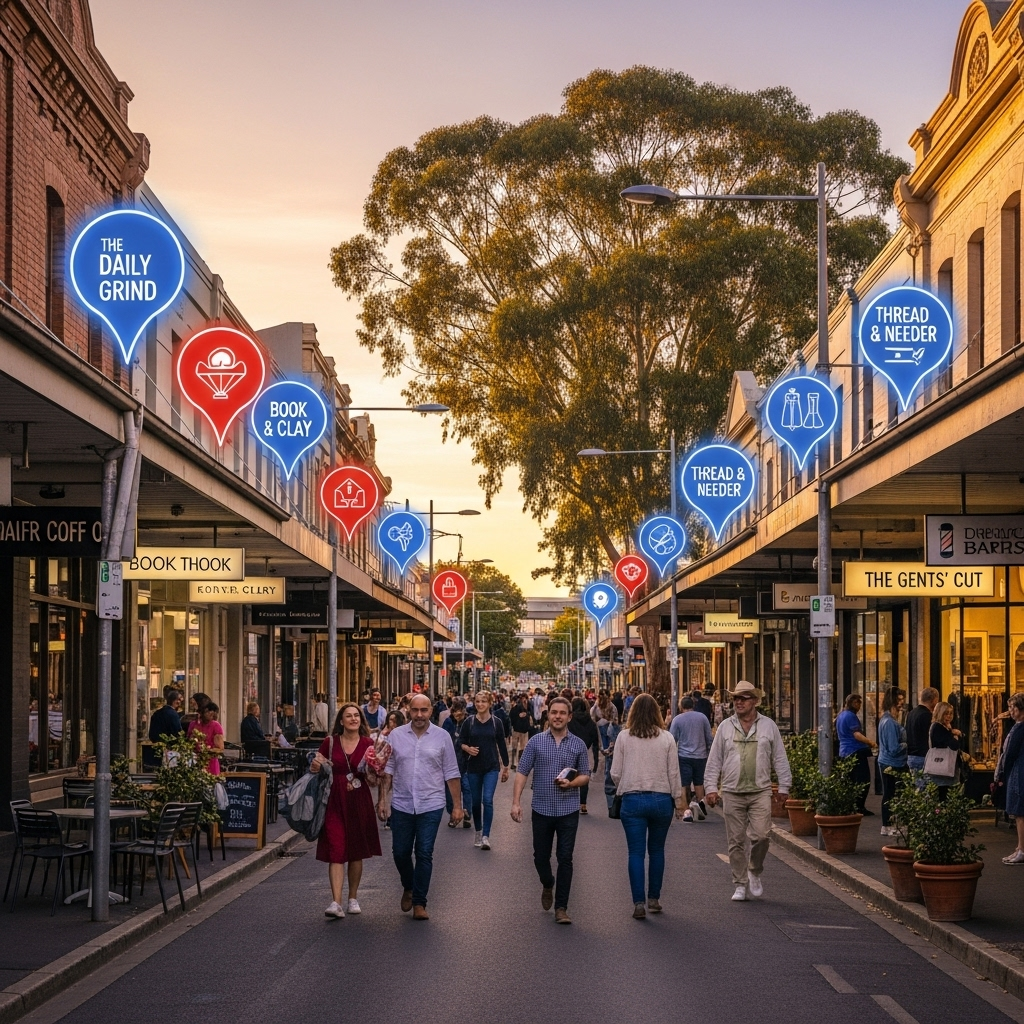 A bustling, authentic street scene in a major Australian city like Melbourne or Brisbane, with diverse local businesses lining the street. Subtle digital map pins and location icons are artistically superimposed over shopfronts, illustrating enhanced local visibility on Google Maps. The scene should be captured during the golden hour to evoke warmth and community.