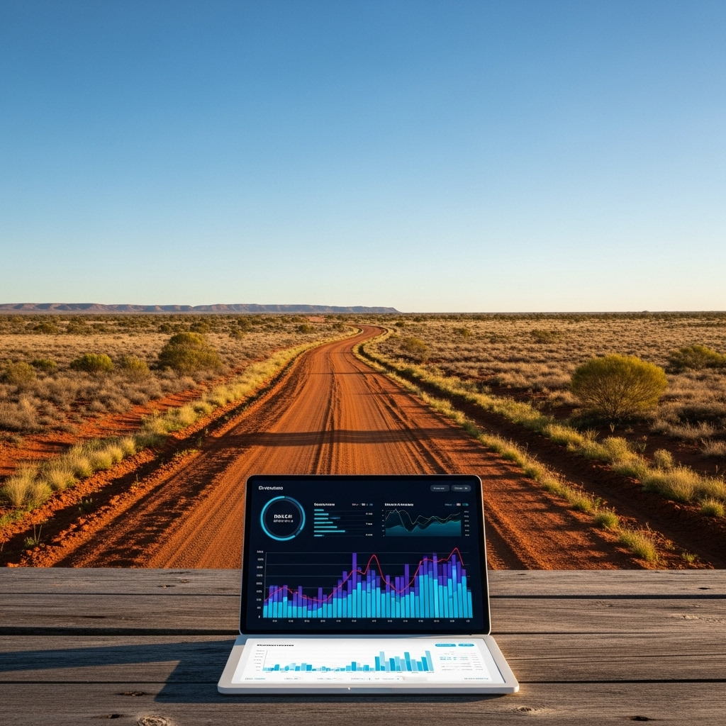 A realistic, serene photograph of the vast Australian outback landscape, perhaps with a lone, winding dirt road extending into the distance under a clear, expansive blue sky. In the foreground, a modern, minimalist tablet or laptop is open, displaying abstract digital graphs and analytics, symbolizing reach and opportunity in remote areas. Emphasize the contrast between natural vastness and digital insight.