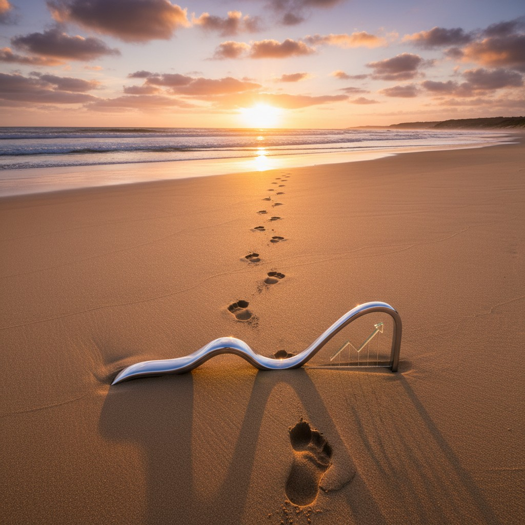 A serene, expansive shot of a golden sandy beach at sunrise on the Australian coast, with a single, clear path or set of footprints leading confidently towards the horizon. In the foreground, a sleek, modern, abstract representation of a digital search bar or graph subtly emerges from the sand, symbolizing mastery and clear direction in online visibility. The focus is on natural beauty and a sense of progression, no people, no text.