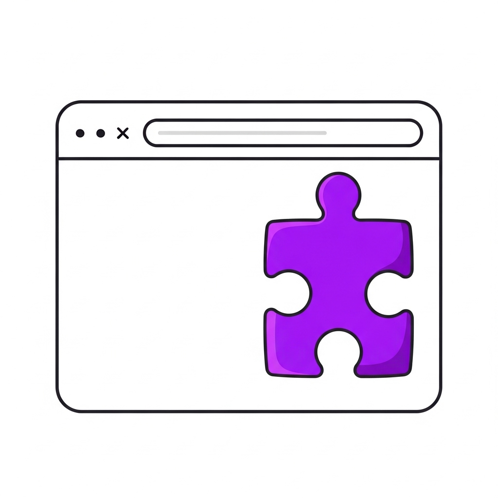 A stylized puzzle piece icon (representing a browser extension) seamlessly interlocking with the outline of a generic browser window or screen, suggesting integration and added functionality, on a transparent background, no text.