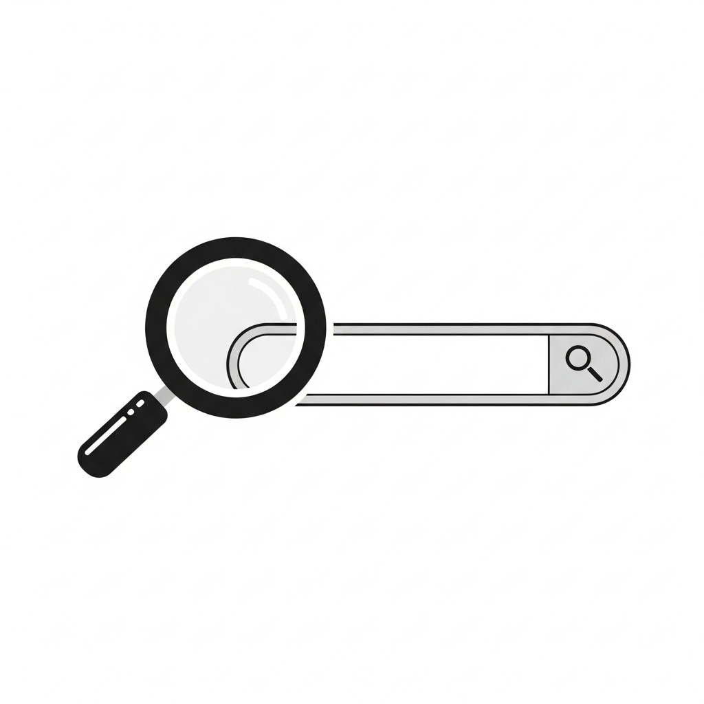A magnifying glass icon positioned over a simple, empty search bar graphic with a small search icon, signifying a dedicated website search function, on a transparent background, no text.