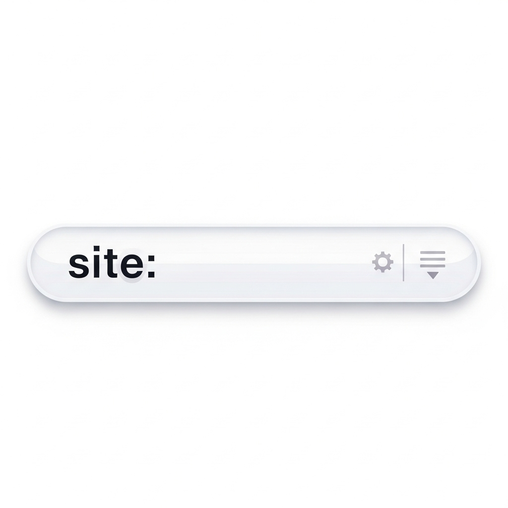An abstract illustration of a search bar containing a stylized 'site:' operator, with subtle visual cues for filtering or advanced commands like gears or filters, on a transparent background, no text.
