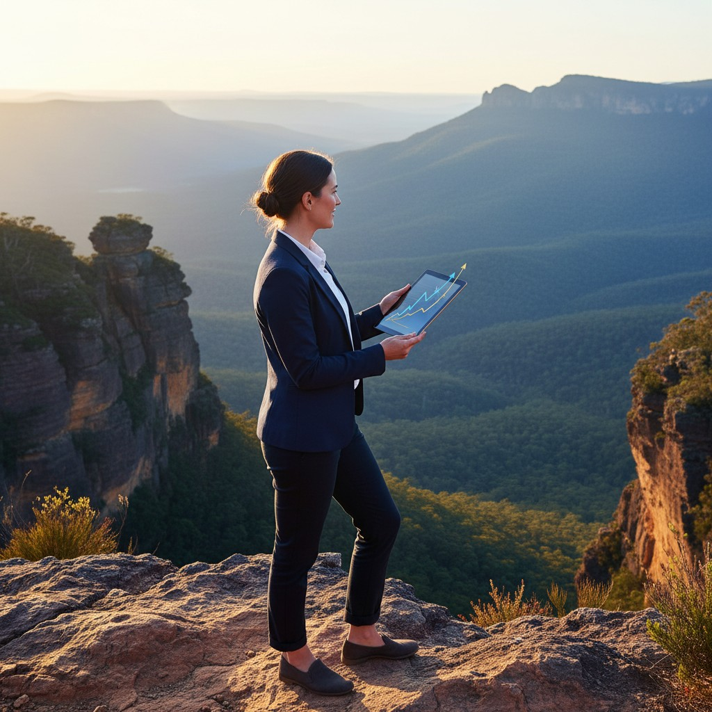 Realistic, high-quality photograph of a business professional, dressed in smart casual attire, standing on a scenic outlook in the Blue Mountains, Australia. They are looking thoughtfully at a clear, expansive valley, holding a tablet displaying a subtle, abstract graph of business growth. The setting sun casts a golden glow, symbolizing clarity and future opportunities after making a crucial business decision. Focus on natural light and an authentic Australian landscape.