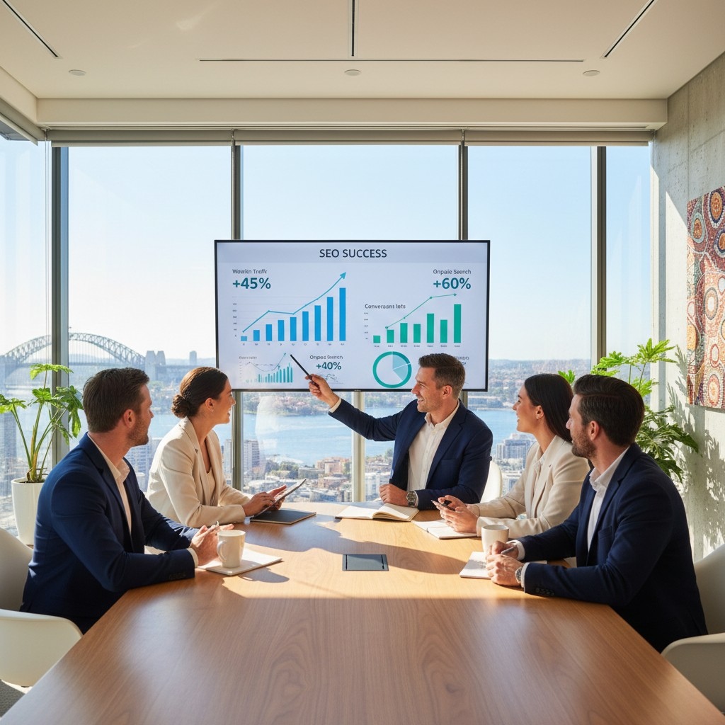 A high-quality, realistic photograph showing a modern business team collaborating around a table in a sunlit, contemporary office space with large windows overlooking a vibrant Australian city skyline (e.g., Sydney or Melbourne). One team member points to a digital dashboard on a large screen displaying growth charts and analytics, symbolizing successful SEO strategies. The atmosphere should be professional, collaborative, and optimistic, capturing a sense of achievement and forward momentum in an Australian business context.
